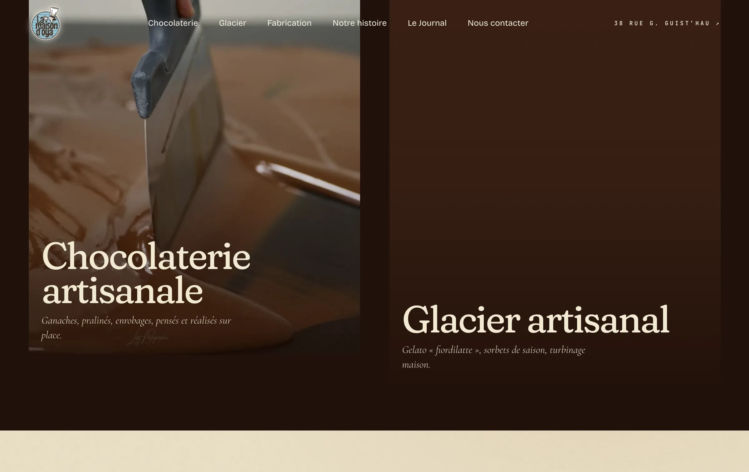 Section du site présentant la chocolaterie artisanale et le glacier artisanal.