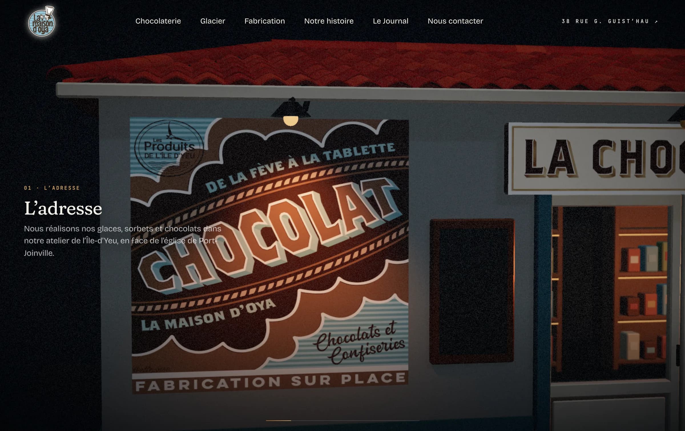 Détail de la scène 3D : l’affiche « Chocolat » éclairée sur la façade.